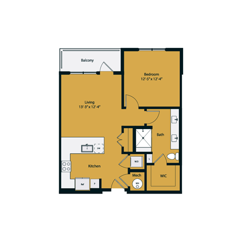 Floor plan for 1 bed, 1 bath, 763 sqft